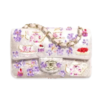 CHANEL Mini Classic Handbag Embroidered Satin, Sequins, Glass Beads, Strass & Gold-Tone Metal "White/Pink/Purple/Red"