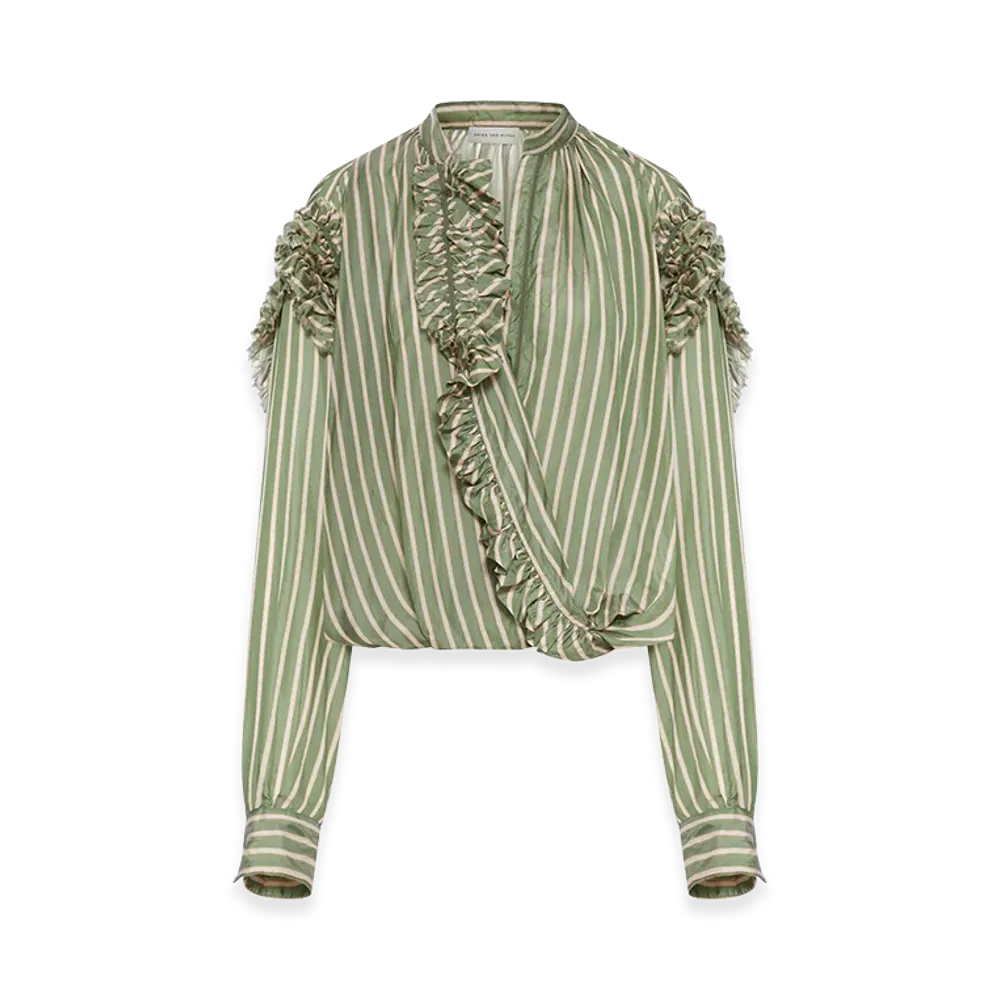 DRIES VAN NOTEN Women's Striped Blouse with Ruffles "Green"