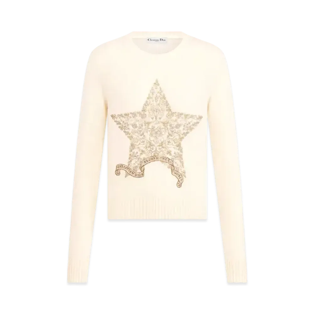 Dior Embroidered Sweater Cashmere Knit with Dior Around the World Motif "Ecru/Gold"