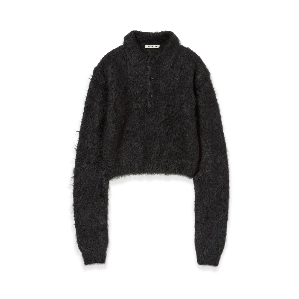 AURALEE Women's Brushed Super Kid Mohair Knit Polo "Ink Black"