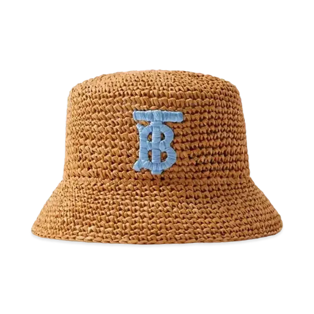 Burberry Monogram Motif Raffia-effect Bucket Hat "Blue/Beige"