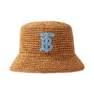 Burberry Monogram Motif Raffia-effect Bucket Hat "Blue/Beige"