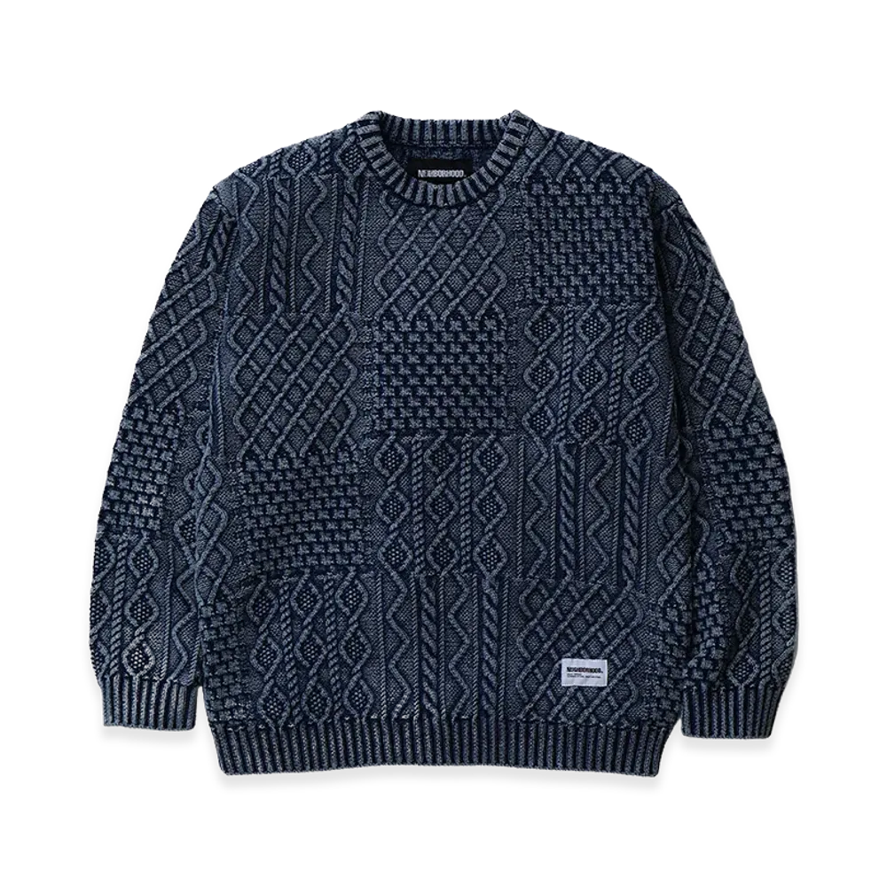 NEIGHBORHOOD Washed Block Cable Sweater "Navy"