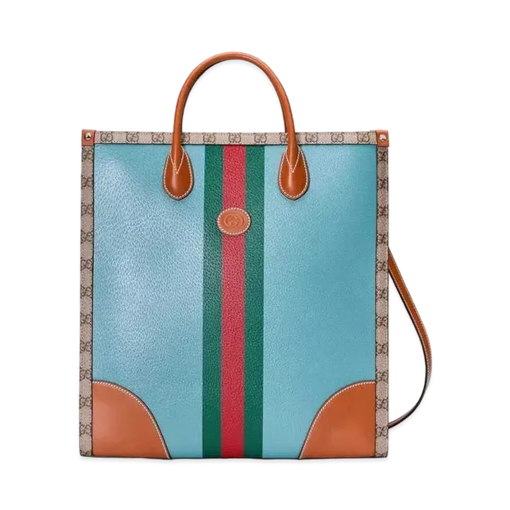 GUCCI Medium Tote Bag With Web "Blue/Brown"
