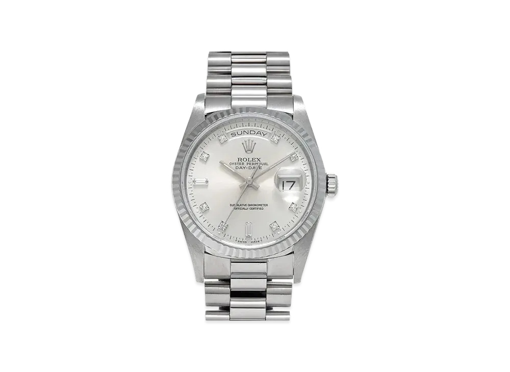ROLEX Day-Date 8P Round/2P Baguette Diamonds "Silver/White Gold"