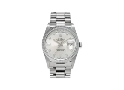ROLEX Day-Date 8P Round/2P Baguette Diamonds "Silver/White Gold"
