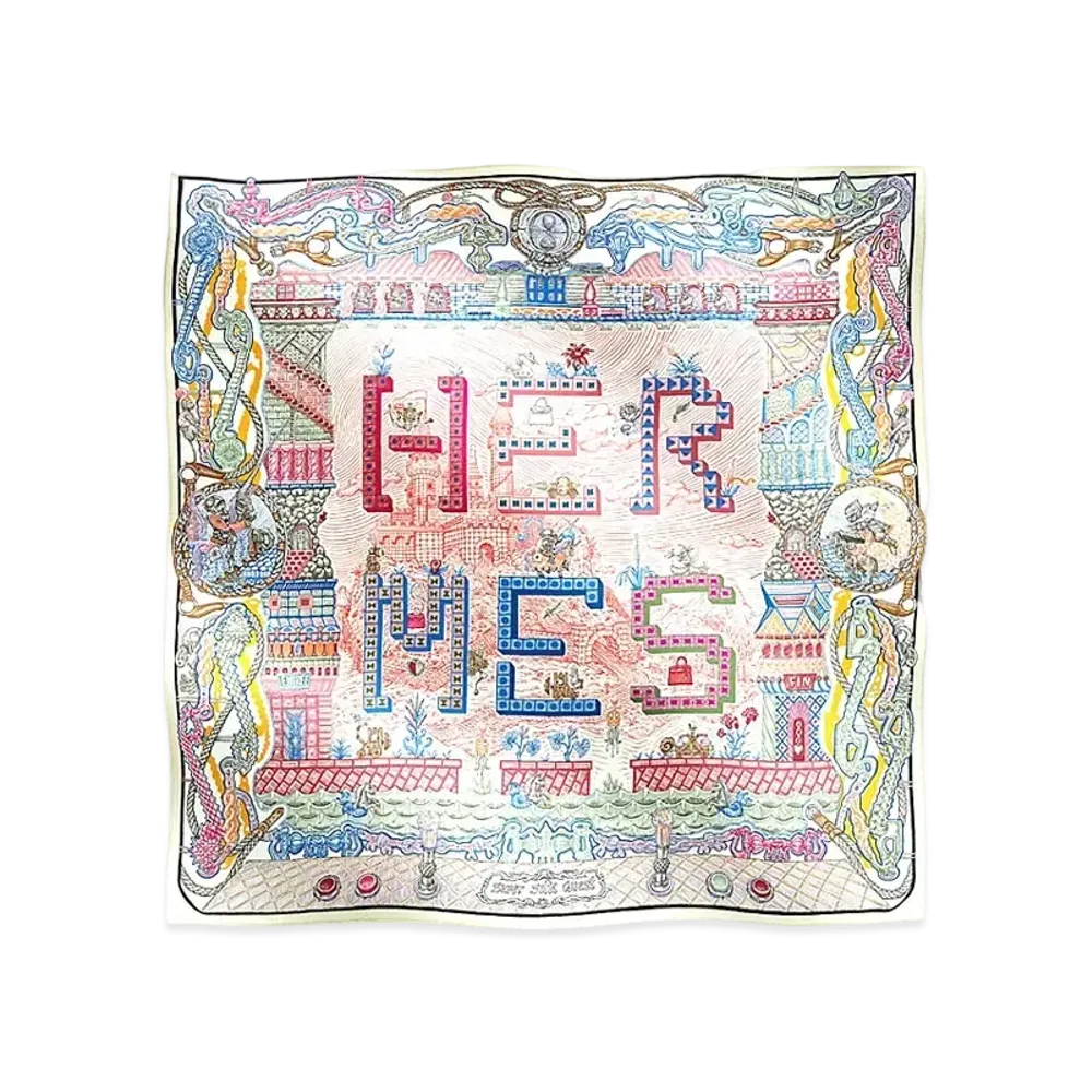 Hermes Carre 90 Super Silk Quest "Creme/Pink/Blue"