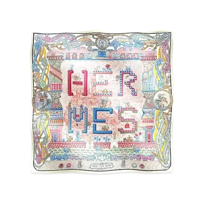 Hermes Carre 90 Super Silk Quest "Creme/Pink/Blue"