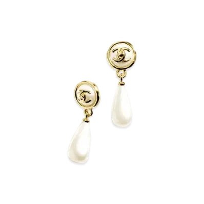 CHANEL Clip-On Pendant Earrings Metal & Resin "Gold/Pearly White"