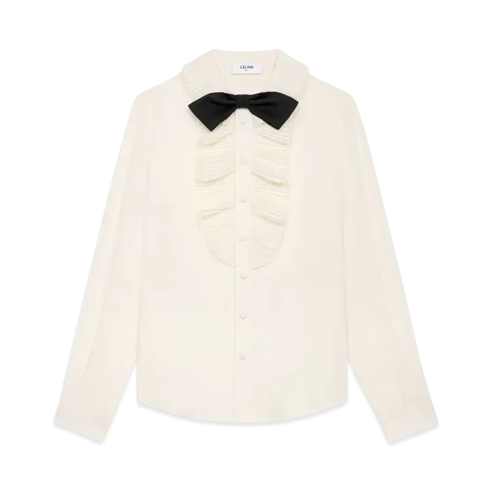 CELINE Women's Mia Shirt with Bow in Silk Crepe and Acetate "Ivory"