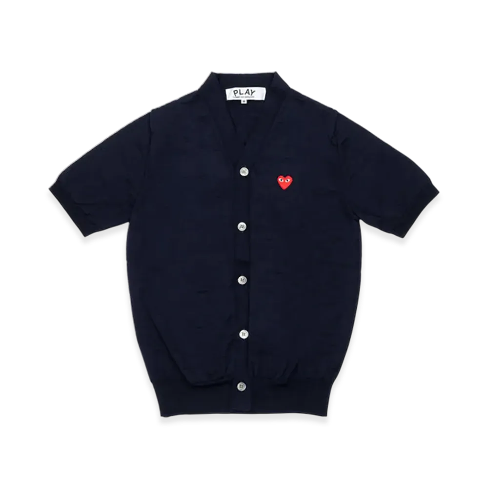 PLAY COMME des GARCONS Round Neck Short Sleeve Cardigan With Red Medium Emblem "Navy"