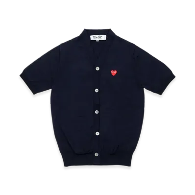 PLAY COMME des GARCONS Round Neck Short Sleeve Cardigan With Red Medium Emblem "Navy"