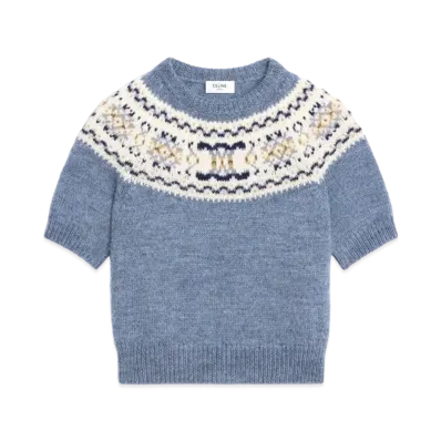 CELINE Sweater In Triomphe Fair Isle Wool "Light Blue"