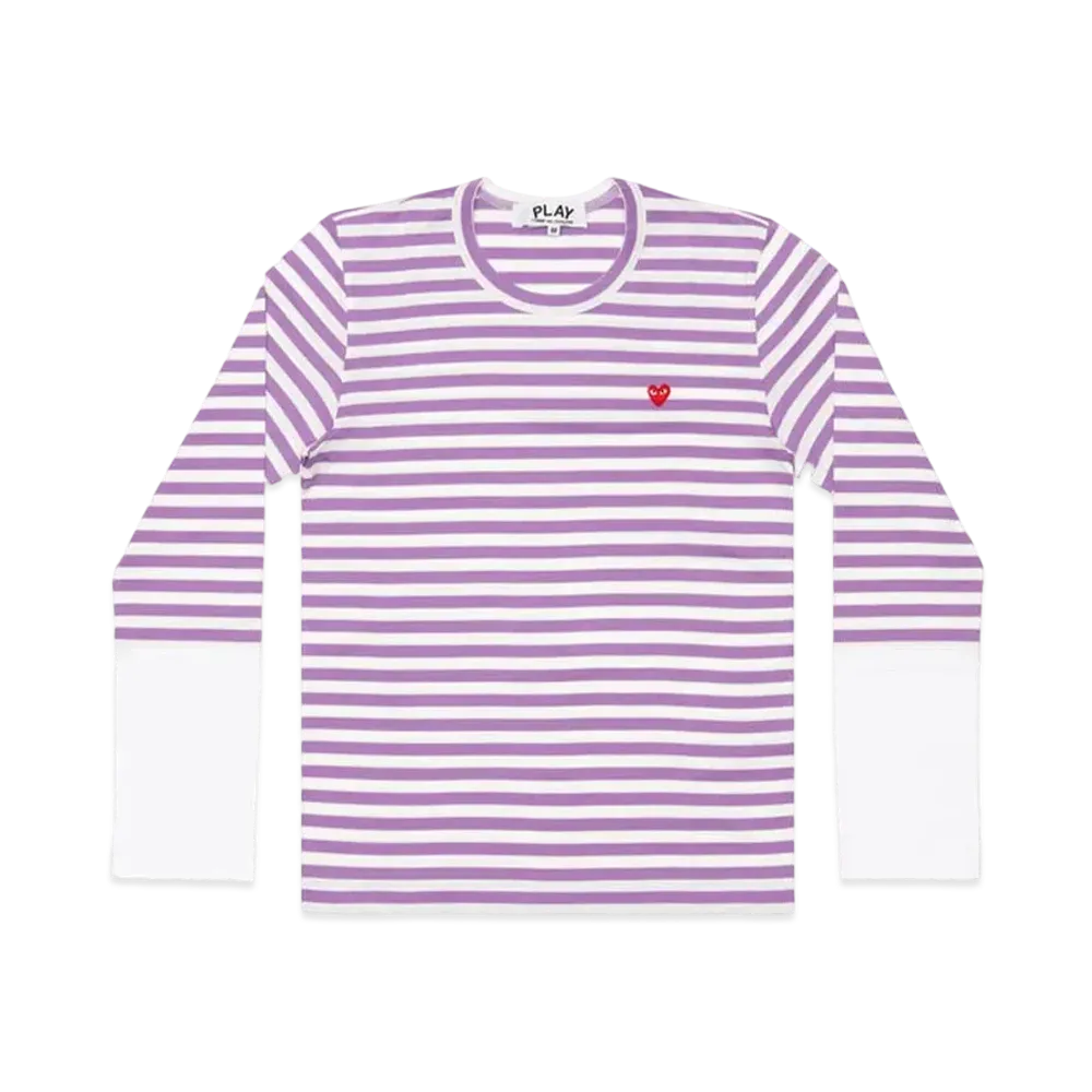 PLAY COMME des GARCONS Small Red Heart Striped L/S T-Shirt Mens "Purple/White"