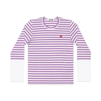 PLAY COMME des GARCONS Small Red Heart Striped L/S T-Shirt Mens "Purple/White"