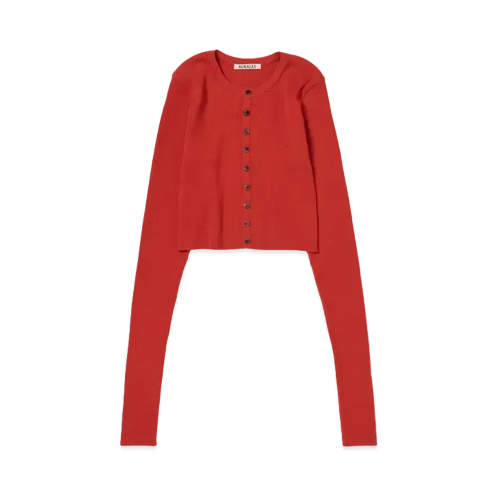 AURALEE Super Fine Wool High Gauge Rib Knit Short Cardigan "Red"