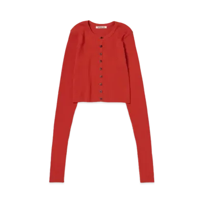 AURALEE Super Fine Wool High Gauge Rib Knit Short Cardigan "Red"