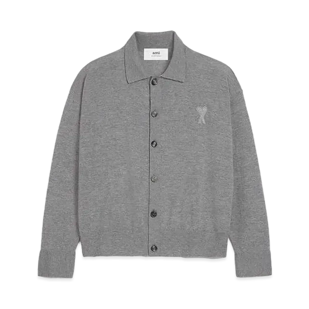 AMI PARIS Extra Fine Merino Wool Cardigan "Heather Gray"