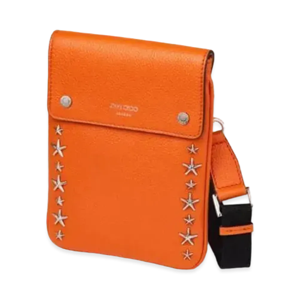 JIMMY CHOO KIMI MESSANGER Soft Grainy Curf Leather Bag With Silver Star Studs "Amber Orange"
