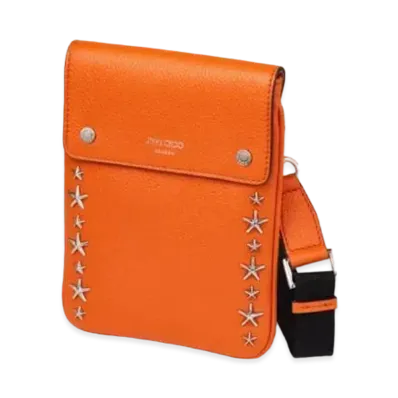 JIMMY CHOO KIMI MESSANGER Soft Grainy Curf Leather Bag With Silver Star Studs "Amber Orange"