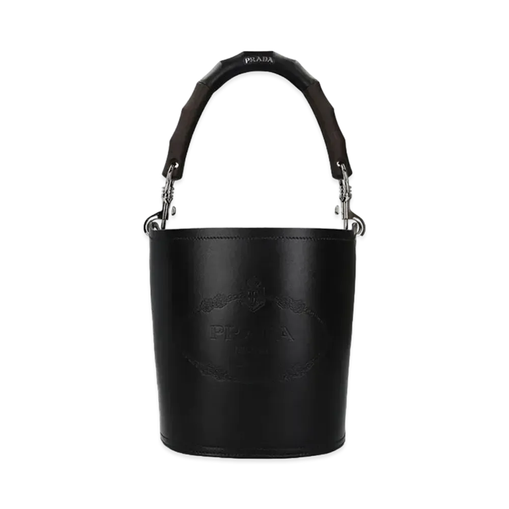 PRADA Tambour Wood Handle Leather Bucket Bag "Black"