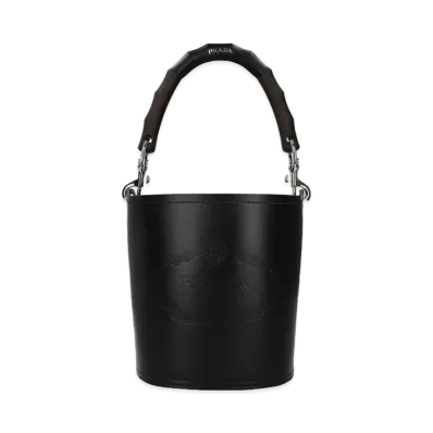 PRADA Tambour Wood Handle Leather Bucket Bag "Black"