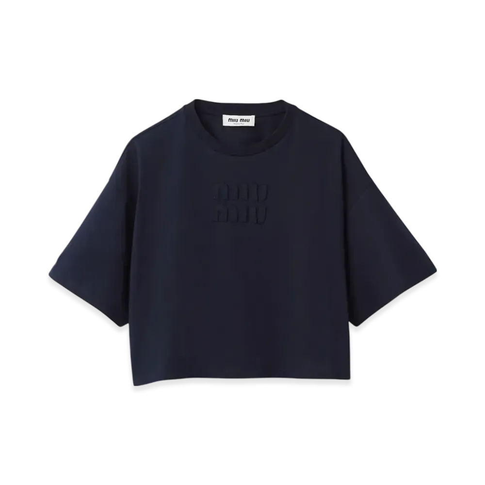 MIU MIU Women's Cotton Jersey T-Shirt with Embroidered Logo "Blue"