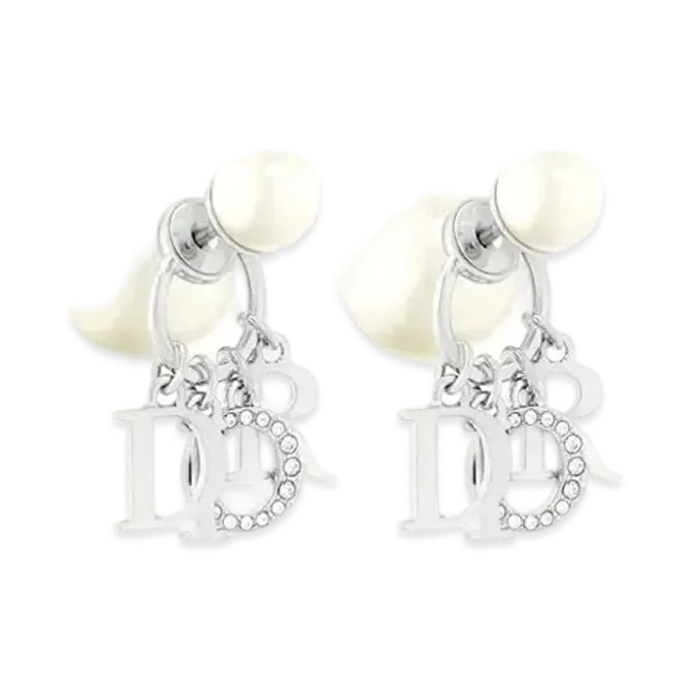 Dior Tribales Earrings Silver-Finish Metal with White Resin Pearls and White Crystals "Silver"