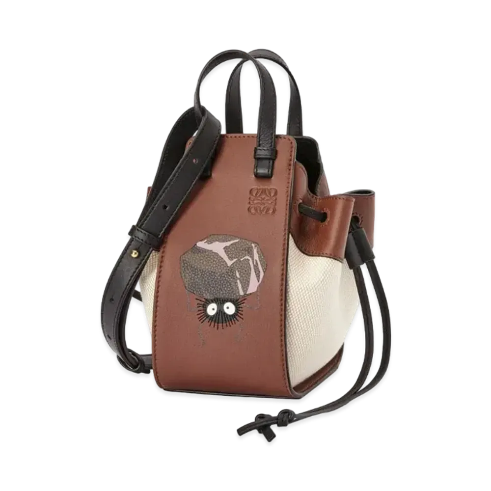 LOEWE x Spirited Away Susuwatari Mini Hammock Drawstring Bag In Classic Calfskin and Textile "Havana/Ecru"