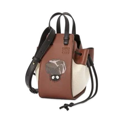 LOEWE x Spirited Away Susuwatari Mini Hammock Drawstring Bag In Classic Calfskin and Textile "Havana/Ecru"