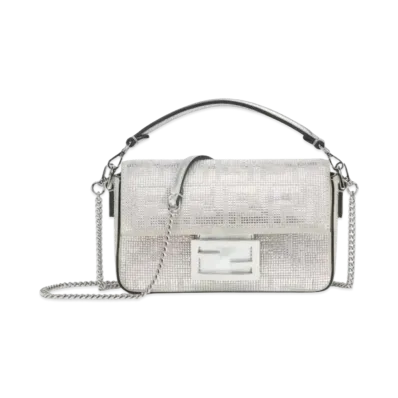 FENDI Baguette Small Leather Bag Crystal FF Motif "Silver"