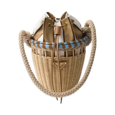 PRADA Wicker Mini Bucket Bag "Beige/Blue"