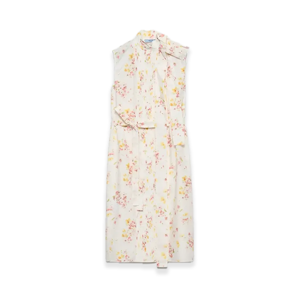 PRADA Pleated Floral Print Poplin Dress "Pink"