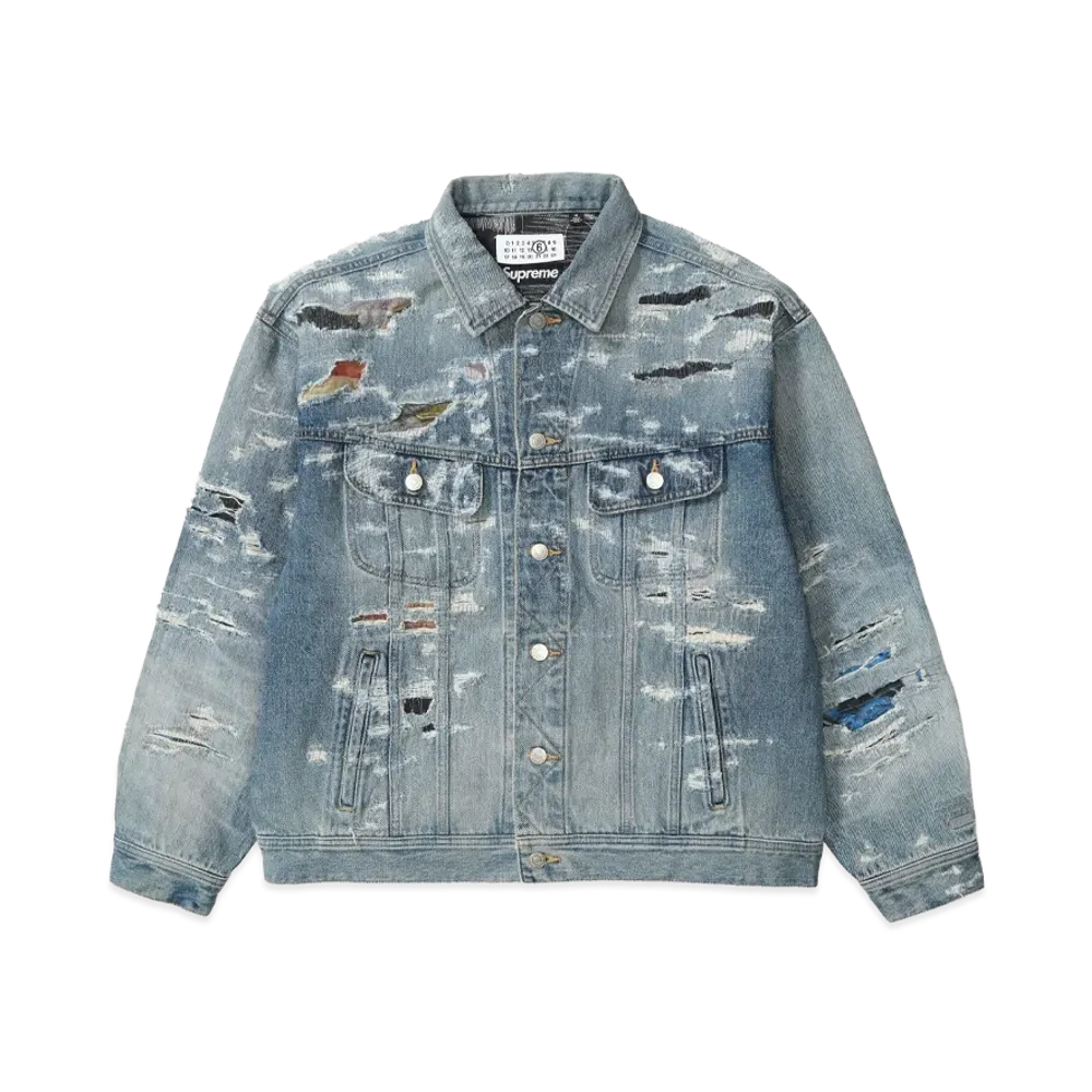 Supreme x MM6 Maison Margiela Distressed Selvedge Denim Trucker Jacket "Washed Indigo"