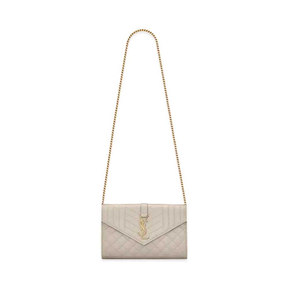Saint Laurent Monogram Chain Wallet In Mix Matelasse Grain De Poudre Embossed Leather "Vintage White"
