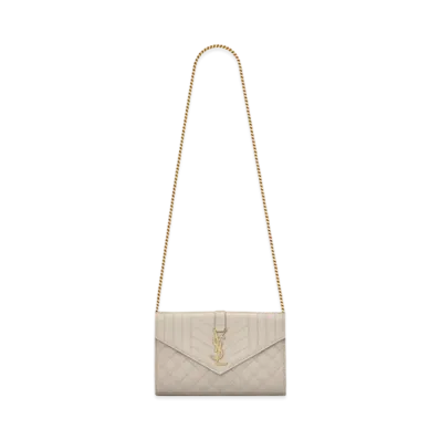 Saint Laurent Monogram Chain Wallet In Mix Matelasse Grain De Poudre Embossed Leather "Vintage White"