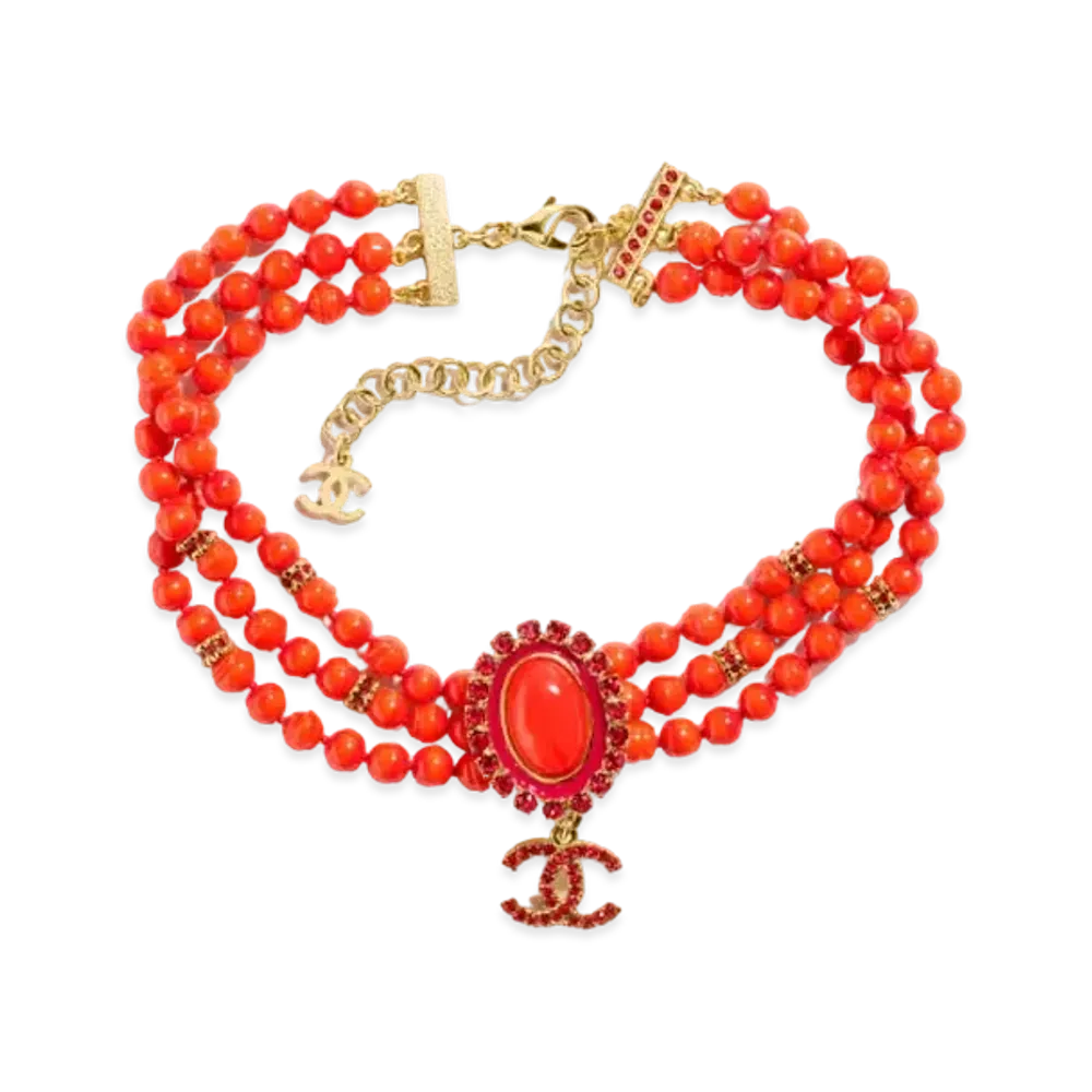 CHANEL Choker Metal, Resin, Glass Pearls & Diamantes "Gold/Red"