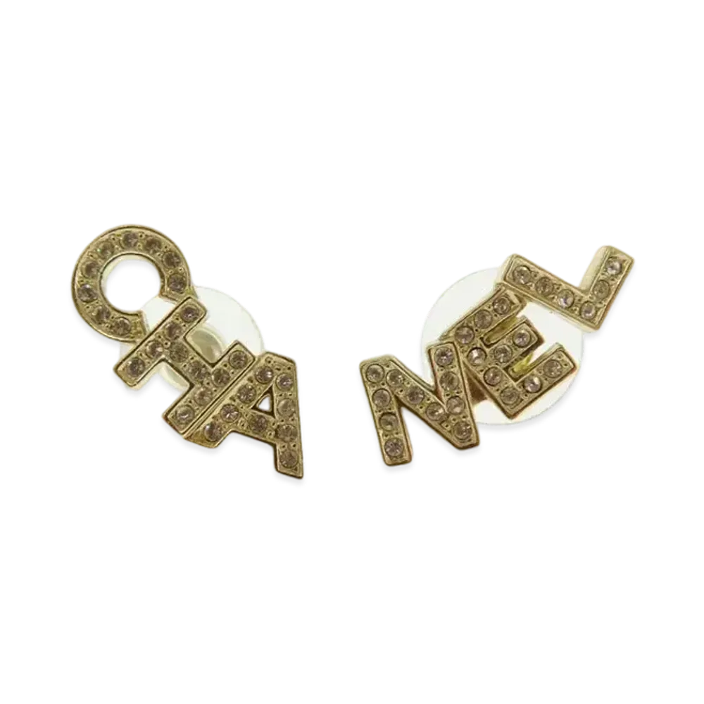 CHANEL Crystal Pearl Logo Stud Earrings "Gold"