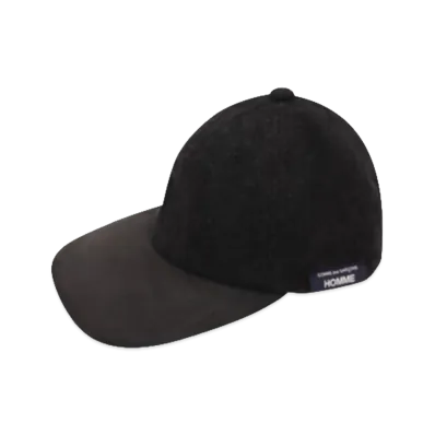 COMME des GARCONS HOMME Wool Herringbone Fabric Fulled x Leather Hats "Charcoal/Black"