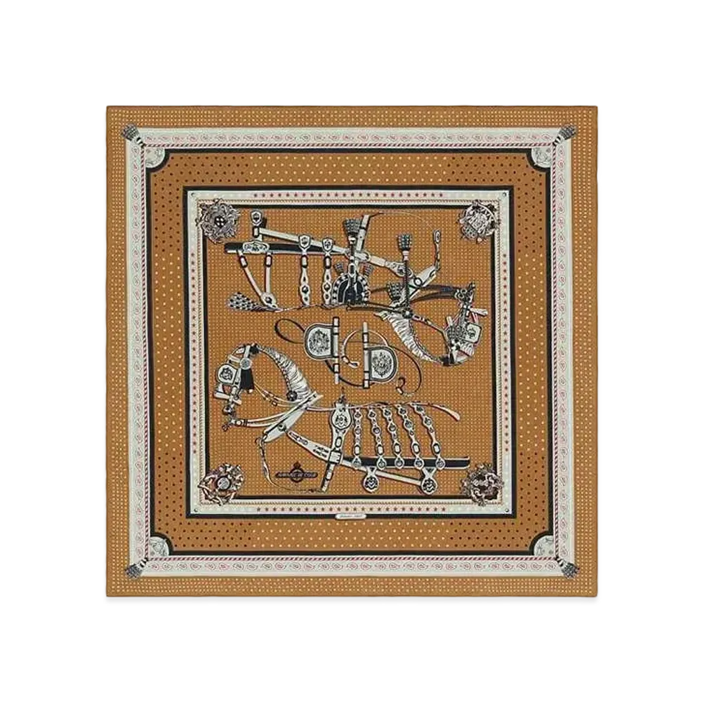 Hermes Harnais De Cour Bandana Shawl 140 "Noisette/Gris Perle/Noir"