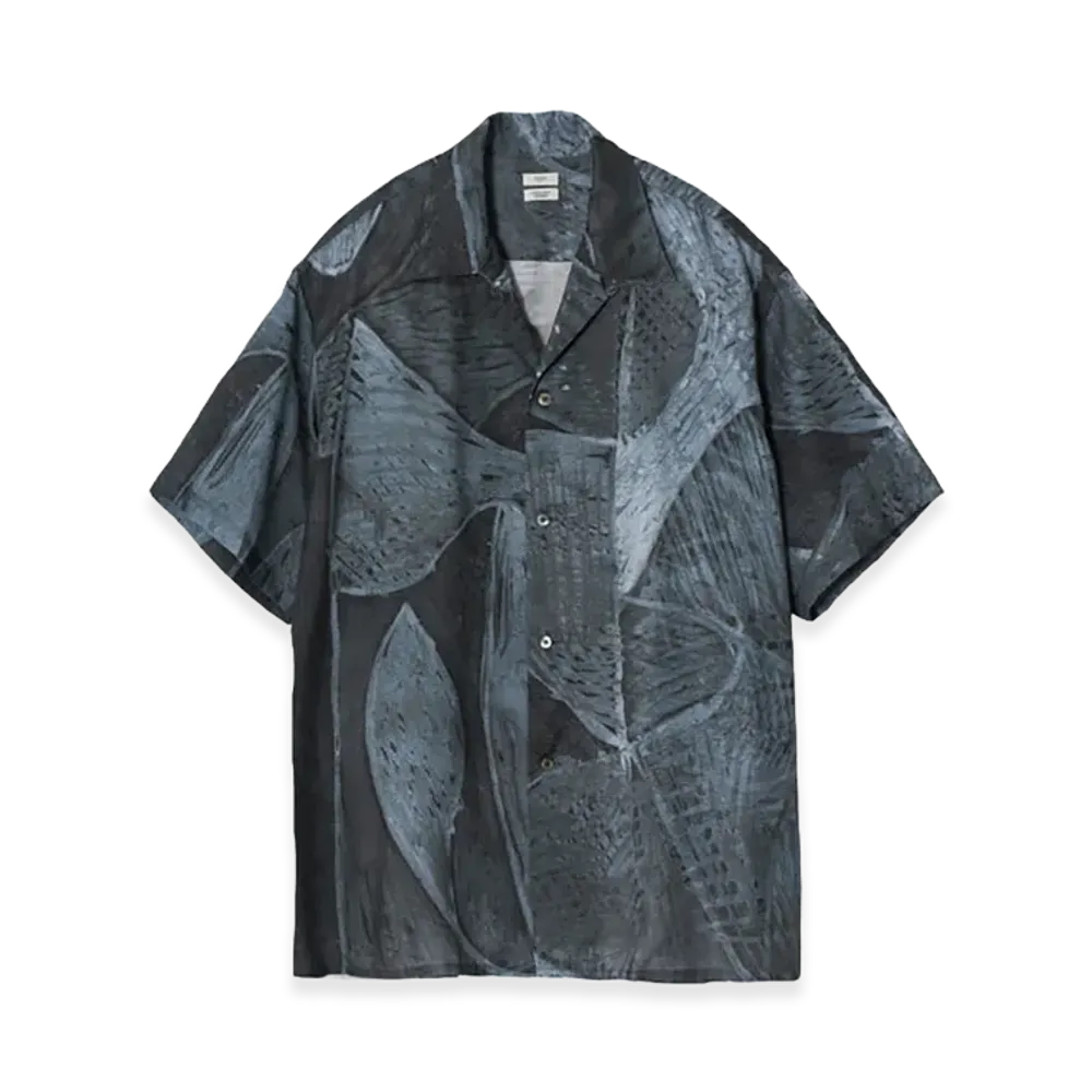 YOKE Printed Tencell Twill Open Collar Shirt "Black"