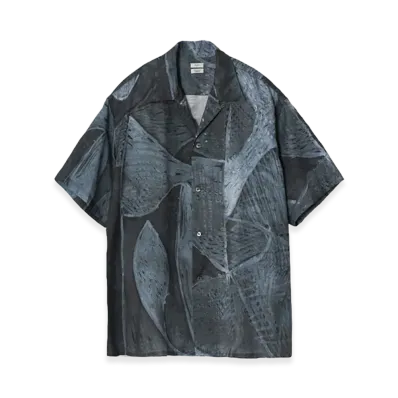 YOKE Printed Tencell Twill Open Collar Shirt "Black"