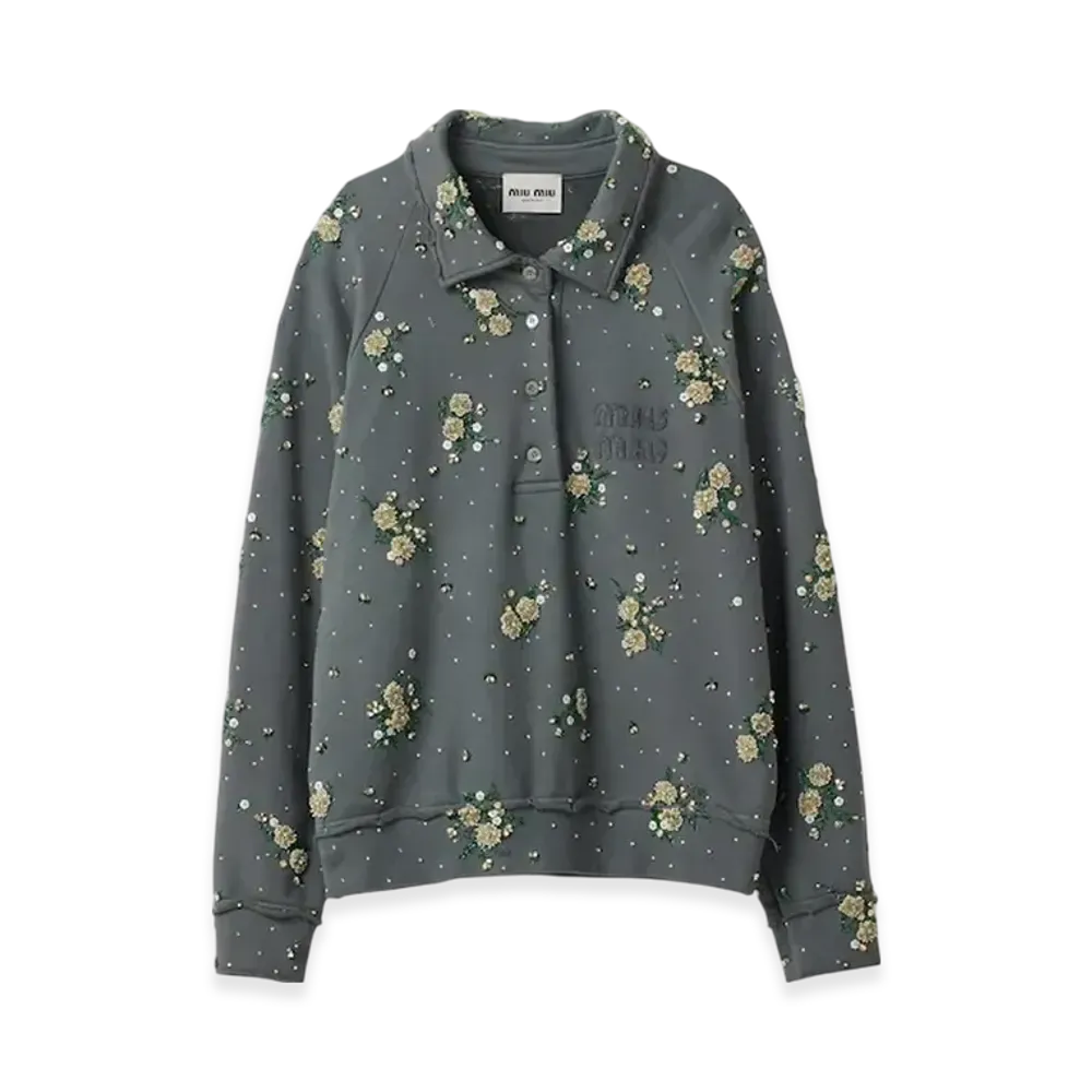 MIU MIU Women's Garment Dyed Cotton Fleece Sweatshirt with Embroidered Logo "Iron Gray"