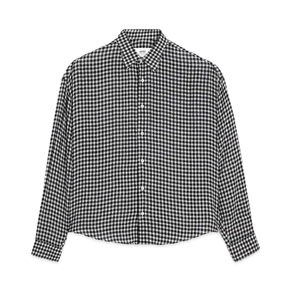 AMI PARIS Viscose Crepe Check Boxy Fit Shirt "Chalk & Black"