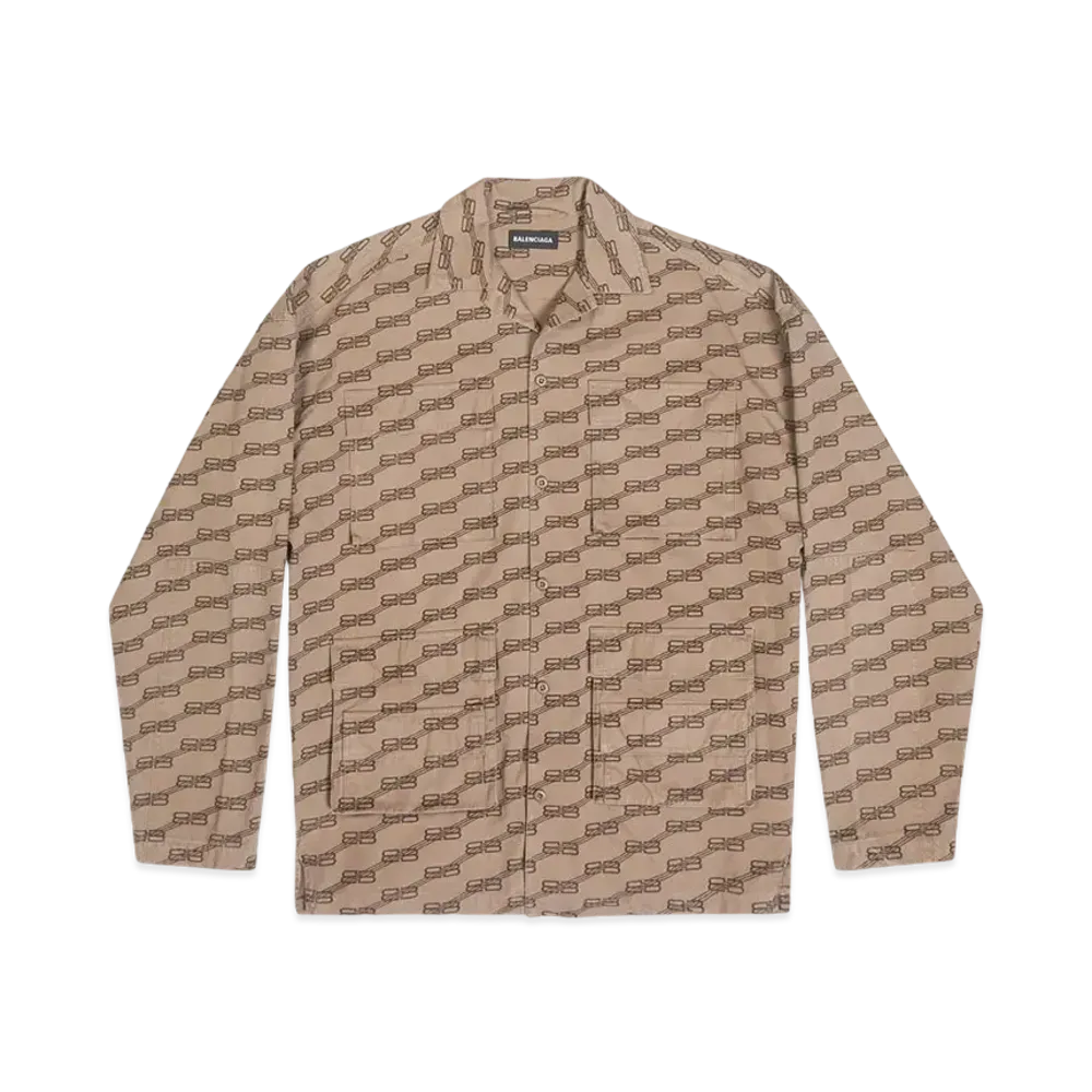 BALENCIAGA MENS BB Monogram Cargo Shirt "Beige/Brown"
