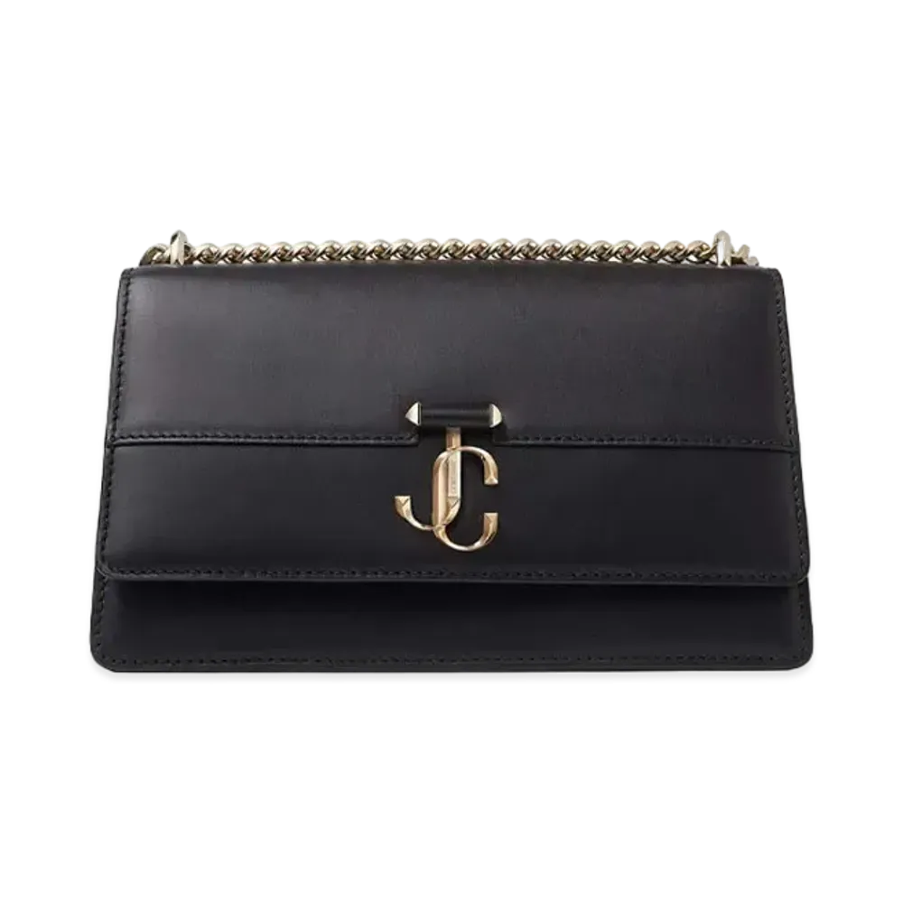 JIMMY CHOO VARENNE SHOULDER Light Gold JC Logo With Fine Shiny Curf Leather Shoulder Bag "Black"