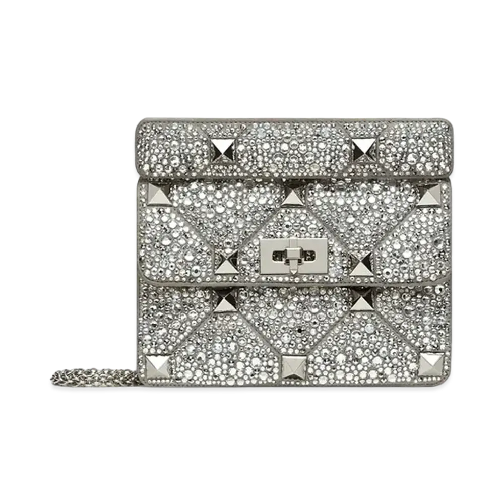 Valentino Roman Studs Sparkling Embroidery Medium Chain Shoulder Bag "Pearl Gray"
