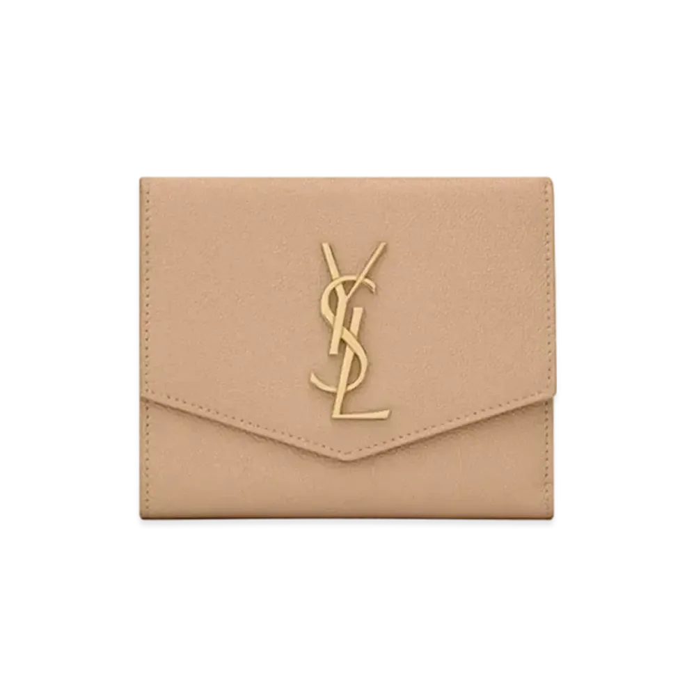 Saint Laurent Uptown Compact Wallet In Grain De Poudre Embossed Leather "Dark Beige"