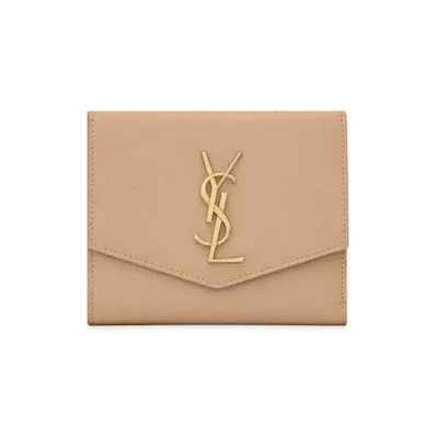 Saint Laurent Uptown Compact Wallet In Grain De Poudre Embossed Leather "Dark Beige"
