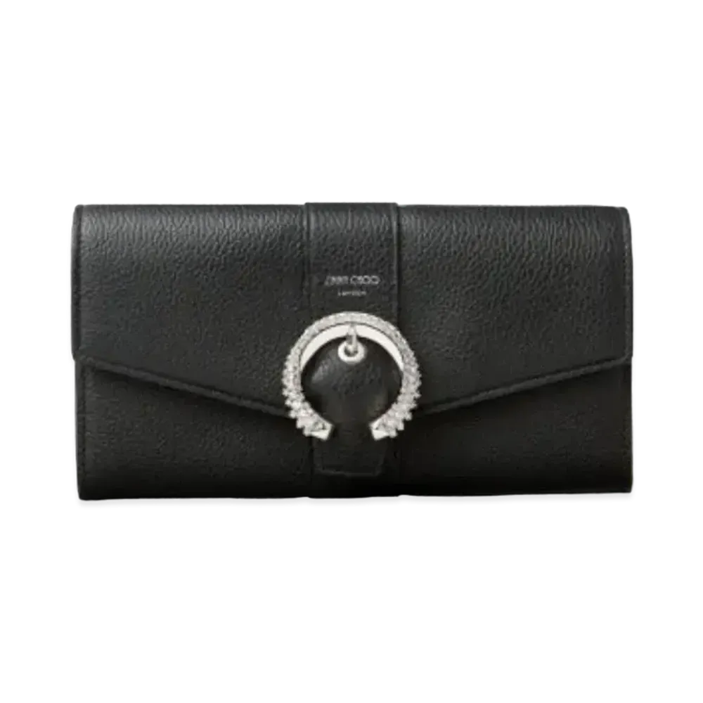 JIMMY CHOO MARTINA-C Soft Grainy Calf Wallet With Crystal Buckle "Black"